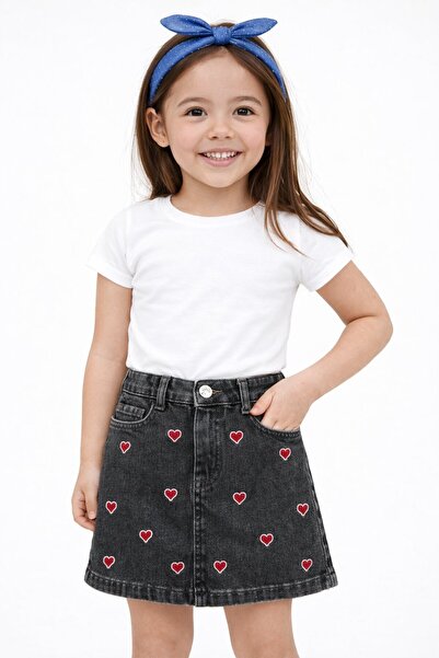 Overdo DEVOJČIČKA JEANS SUKNJA SA VEZENIM SRCAZIMA ZA DEVOJČICE OD 5-8 GODINA