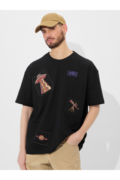 The Souled Store By Styli Black Patch Detail Cotton Oversized T-Shirt