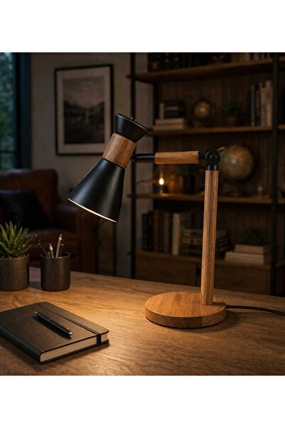 SimaAvize Modern Ahşap Detaylı Siyah Masa Lambası - Okuma & Çalışma Lambası