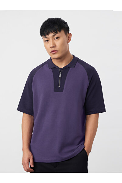 The Souled Store By Styli Purple Color Block Quarter-Zip Polo