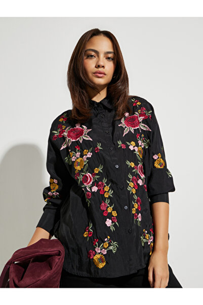 Styli Black Floral Embroidered Long Sleeve Shirt