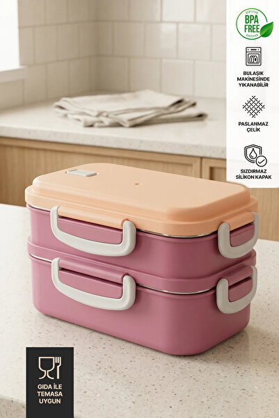 GOLCIA Çift Katlı Sızdırmaz Paslanmaz Çelik Beslenme Kabı - Pastel Pembe