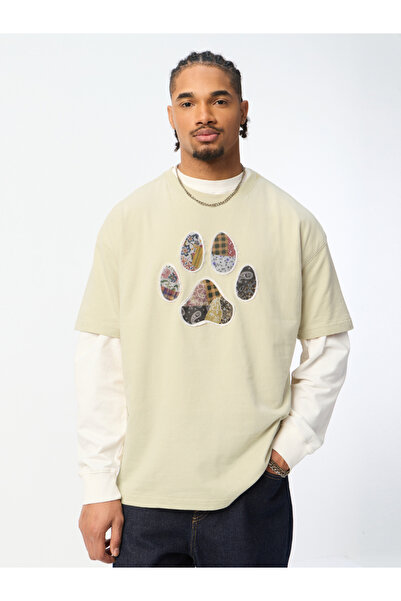 The Souled Store By Styli Men Beige Paw Patch Oversized T-Shirt