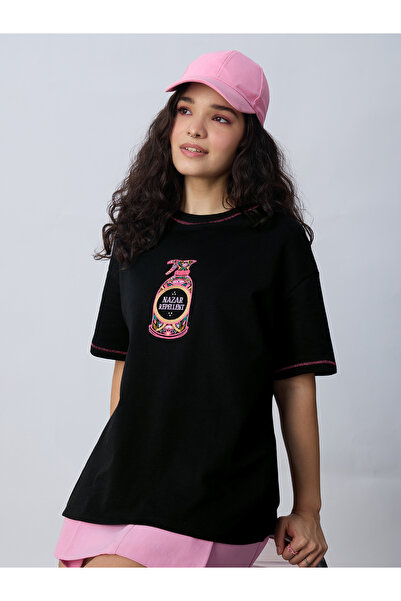 The Souled Store By Styli Black Cotton Embroidered Oversized T-Shirt