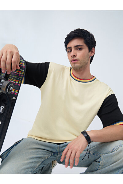 The Souled Store By Styli Cream Color Block Sleeve Oversized T-Shirt