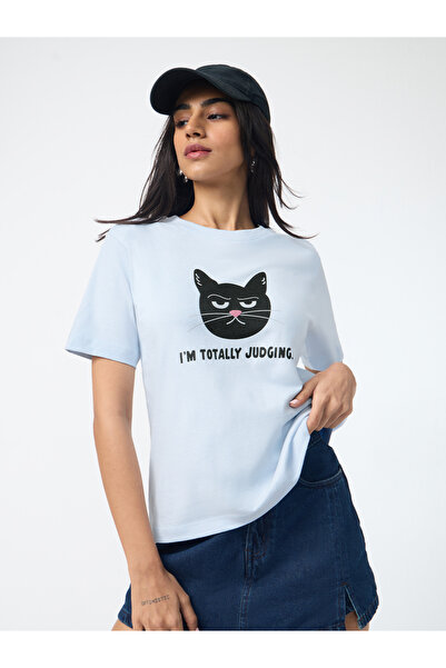 The Souled Store By Styli Light Blue Cat Print Regular Fit T-Shirt