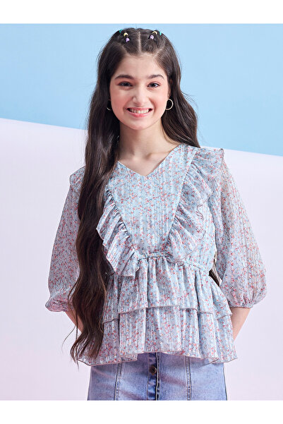 Stylo Bug By Styli Girls Blue Floral Print Ruffle Top