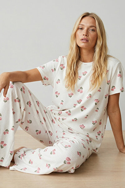 Siyah İnci εκρού με σχέδιο τουλίπας, με λαιμόκοψη ποδηλάτου, απαλό βαμβακερό ...