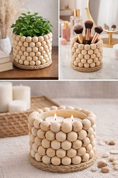 bemdesign Ahşap Boncuk Dekoratif Mumluk /Saksı-El yapımı organizer