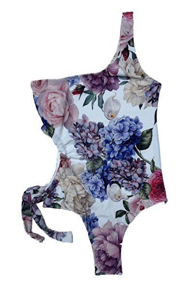 LOOK ME Asymmetrical Cut Drawstring Girls' Swimsuit with Hydrangea and Rose P...
