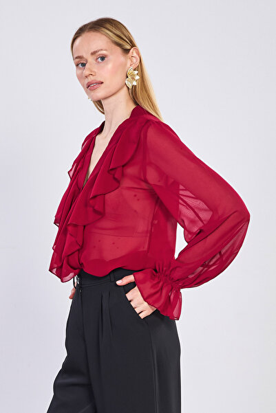 BARRELS AND OIL Γυναικεία μπλούζα σιφόν με λαιμόκοψη V και βολάν μπροστά - Βο...