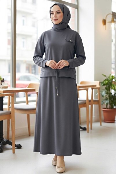 TOFİSA Σετ φούστας με λεπτομέρεια στην τσέπη και κορδόνια - 2071-FUME