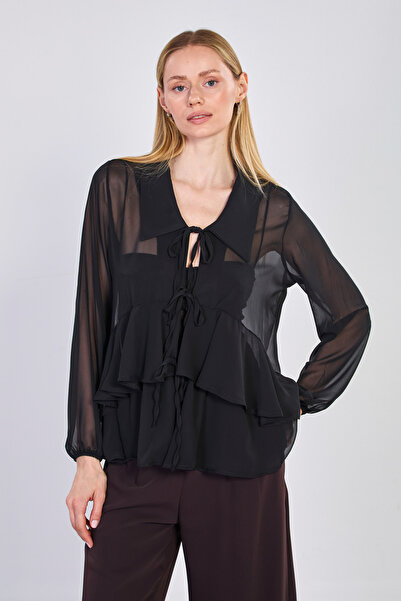 BARRELS AND OIL Γυναικεία μπλούζα σιφόν με βολάν και δέσιμο μπροστά - Μαύρο