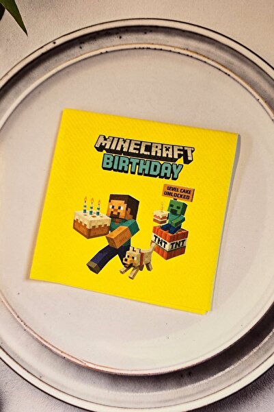 PEKSHOP Minecraft Doğum Günü Peçetesi Sarı Kare Kumaş Dokulu 12 Adet