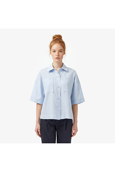 Lacoste Kadın Relaxed Fit Truvakar Kollu Keten Mavi Gömlek