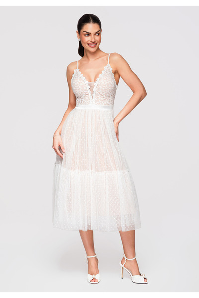 Larica Women's Midi Lace Dress LA-OM-DLR320 White