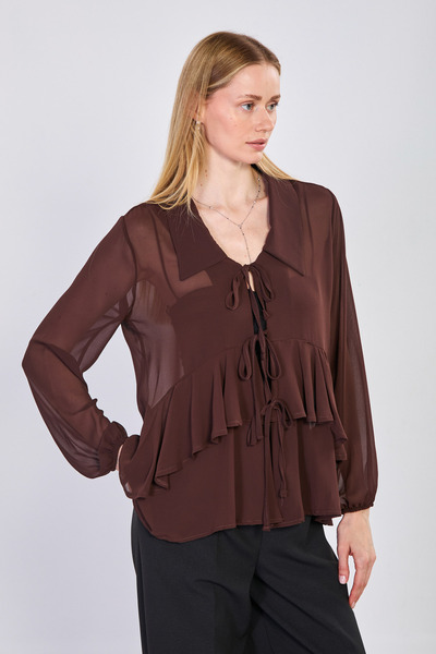BARRELS AND OIL Γυναικεία μπλούζα σιφόν με βολάν και δέσιμο μπροστά - Καφέ άμ...