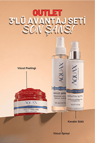 AquaX Outlet 3’lü Bakım Seti - Keratin Sütü + Vücut Peelingi + Vücut Spreyi (...