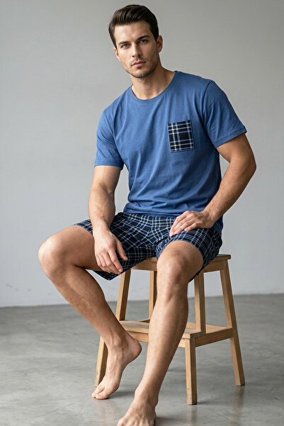 Siyah İnci ινδιγκό ναυτικό μπλε καρό μοτίβο με κέντημα τσέπης Πλεκτό σετ πιτζ...