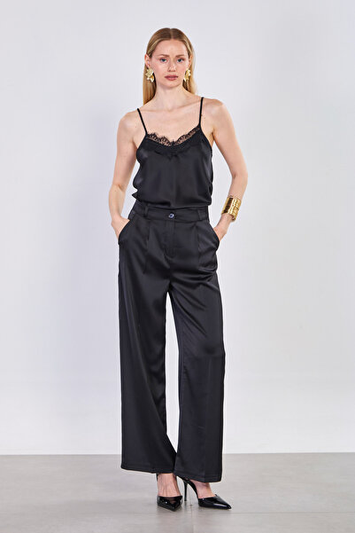 BARRELS AND OIL Γυναικείο Σατέν Παντελόνι Παλάτσο - Μαύρο