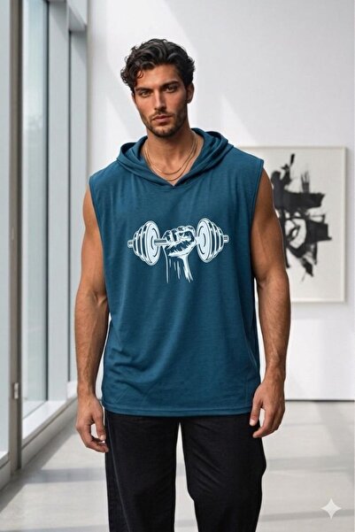 NO 601 Ανδρικό αθλητικό φανελάκι χωρίς μανίκια με κουκούλα, σε μπλε βενζίνη χ...