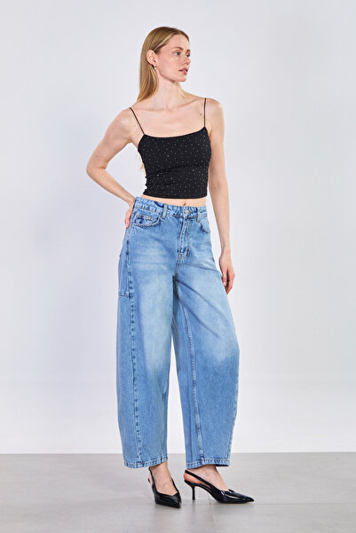 BARRELS AND OIL Γυναικείο Παντελόνι Τζιν με Σχέδιο Μπαλόνι - Μπλε Παγωμένο Γιακά