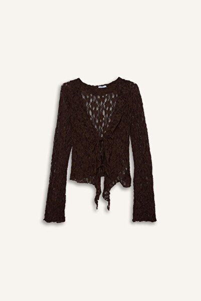 DeFacto Εφαρμοστή μακρυμάνικη μπλούζα με δαντέλα και λαιμόκοψη V H0008AX26SP