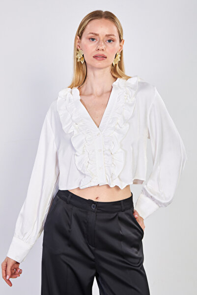 BARRELS AND OIL Γυναικεία σατέν κοντή μπλούζα με βολάν στο μπροστινό μέρος - ...