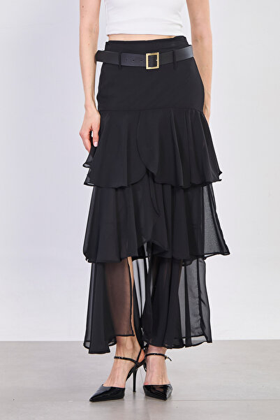 BARRELS AND OIL Γυναικεία μακριά φούστα σιφόν με βολάν και ζώνη - Μαύρη