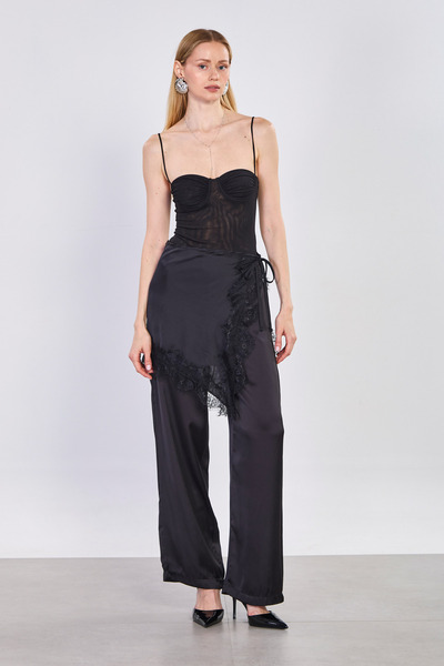 BARRELS AND OIL Γυναικείο Σατέν Φαρδύ Παντελόνι με Φουλάρι - Μαύρο