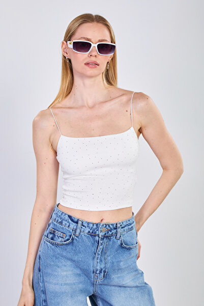 BARRELS AND OIL Γυναικείο Crop Αθλητικό Τοπ με Πέτρινα Λουράκια - Εκρού