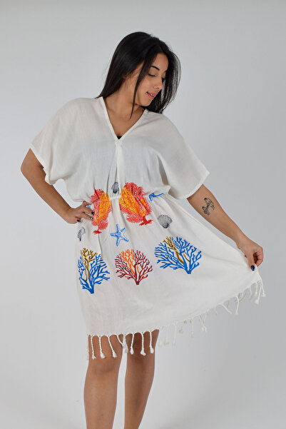 REİNA TEKS Μικτό βαμβακερό φόρεμα παραλίας με σχέδιο κοραλλιών, με λαιμόκοψη ...