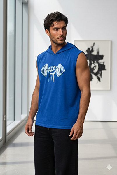 NO 601 Ανδρικό μπλουζάκι Saks μπλε αμάνικο με κουκούλα, φαρδιά γραμμή, με στά...