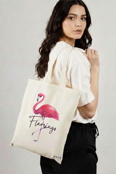 BEKZ Sacosa Cumparaturi Textila, Geanta Tote, model Flamingo, 38x34.5 cm, Alb...