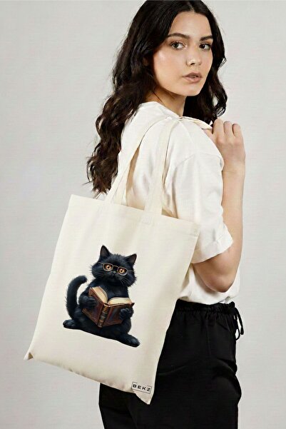 BEKZ Sacosa Cumparaturi Textila, Geanta Tote, model Reading cat 10 38 x 34.5 ...