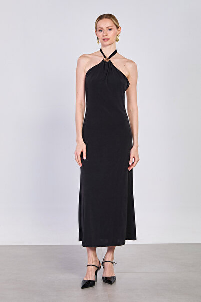 BARRELS AND OIL Γυναικείο Μακρύ Φόρεμα με Κούμπωμα στο Λαιμό - Μαύρο