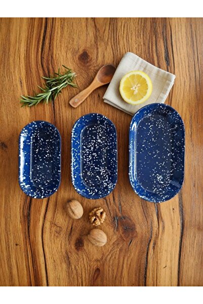 SunnyDays 3'lü Lacivert Çilli Set, Seramik Kayık Tabak Sunum Takımı 28,5 cm -...
