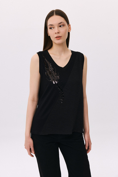 DAIDO Γυναικεία αμάνικη μπλούζα με λεπτομέρεια από πούλιες σε σχήμα V 4830 Μαύρο