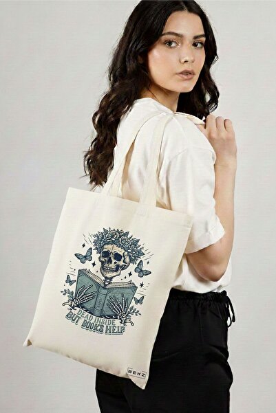 BEKZ Sacosa Cumparaturi Textila, Geanta Tote, model Dead inside but books hel...