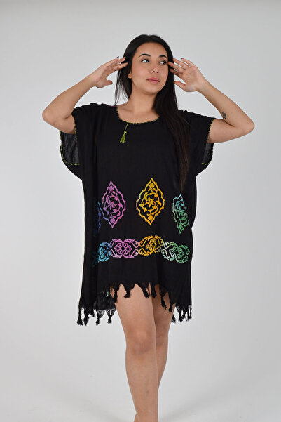 REİNA TEKS Μαύρο Αυθεντικό Φόρεμα Παραλίας με Πολύχρωμο Σχέδιο Βαμβακερό Visc...
