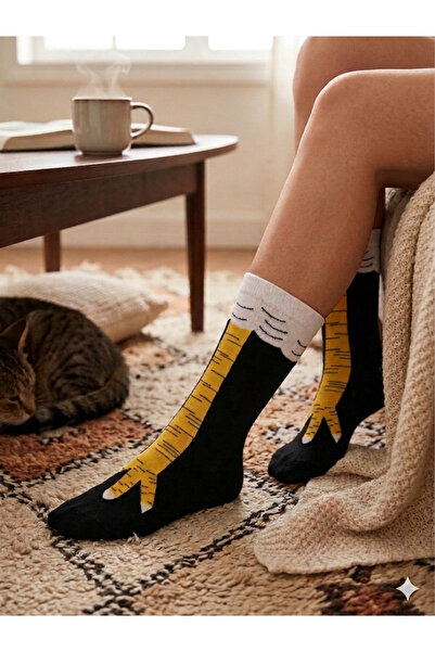 Bilal Çınar Tekstil Unisex Cotton Chicken Feet Patterned Long Socks Fun Socks