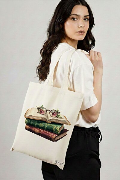 BEKZ Sacosa Cumparaturi Textila, Geanta Tote, model Books and glasses 38 x 34...