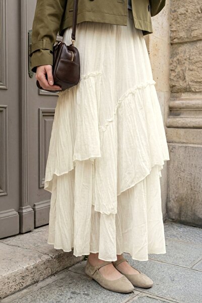 InStyle Φούστα με κορδόνι περίσφιξης, με στρώσεις, από κρεμ βουάλ