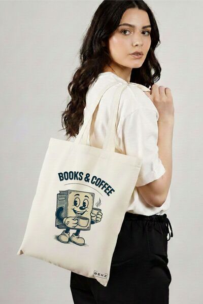 BEKZ Sacosa Cumparaturi Textila, Geanta Tote, model Books & Coffee 38 x 34.5 ...