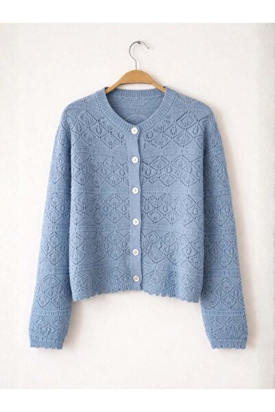 Retrobird Patterned Perforated Spring Cardigan for Women in Ash Blue