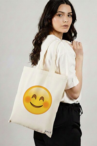BEKZ Sacosa Cumparaturi Textila, Geanta Tote, model Smiling Emoji, 38x34.5 cm...