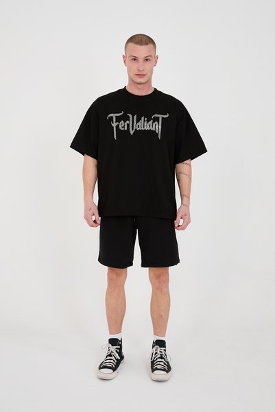 Fer Valiant Tricou unisex din bumbac premium, supradimensionat, cu imprimeu ochi de nor și strasuri