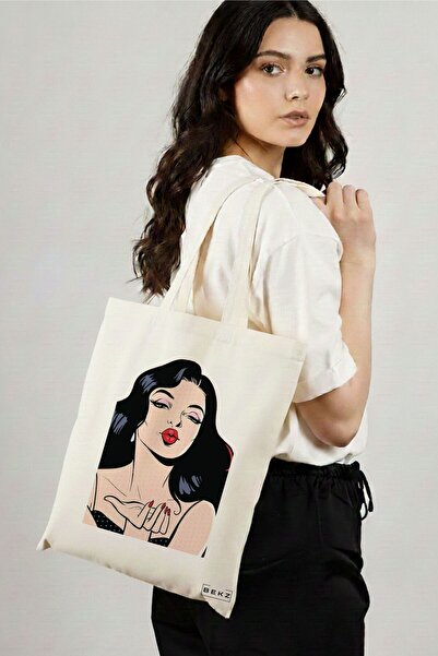 BEKZ Textile Shopping Bag, Tote Bag, Stylish Girl model, 38x34.5 cm, White, B...