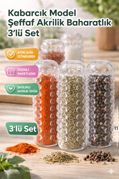 Diyet AVM Kabarcık Model Şeffaf Akrilik Baharatlık 11 cm 3’lü Set Tuzluk