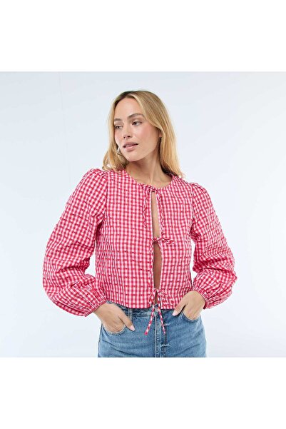 KIABI Gingham Blouse with Tie Details RED
